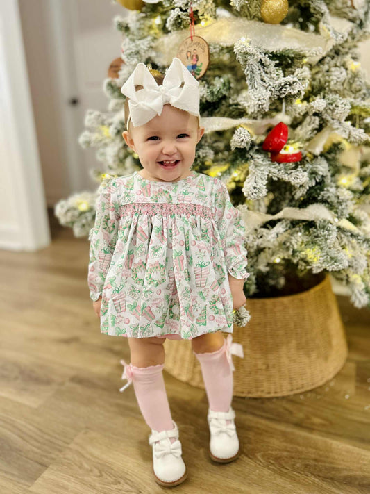 READY TO SHIP | PINK CHRISTMAS SMOCK BLOOMER SET